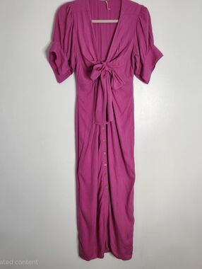 Free People free-est XS fuchsia Linen Blend Button Down Maxi Dress V-Neck Tie